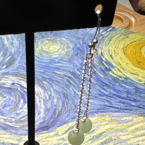 Aventurine balanced dangle drop spheres very long statement earrings silver - Picture 3 of 5